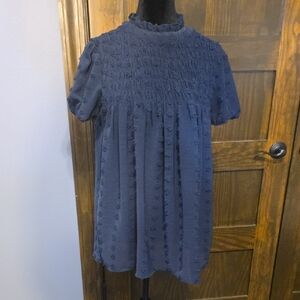 Navy Textured Short Sleeve Blouse